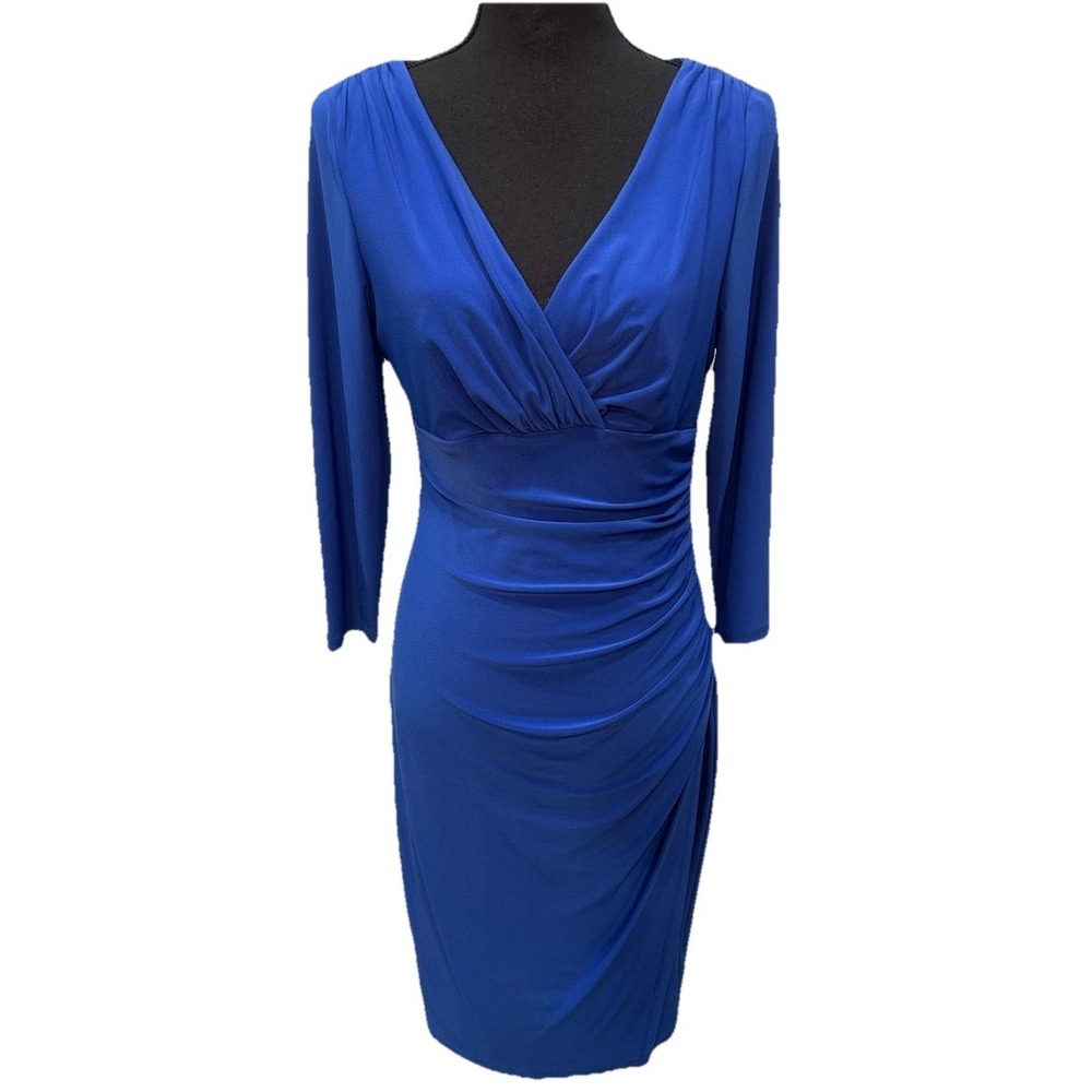 Lauren Ralph Lauren Dress Women's Sz 8 Royal Blue Midi Ruched 3/4 Sleeves Office
